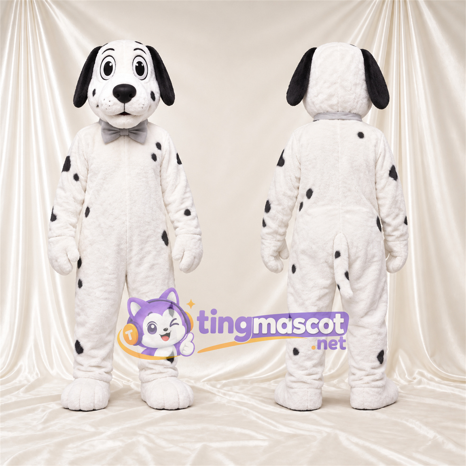 Black and White Dalmatian Mascot Costume - Gray Bow Tie and Sparse Black Spots Black and White Dalmatian Mascot Costume - Gray Bow Tie and Sparse Black Spots