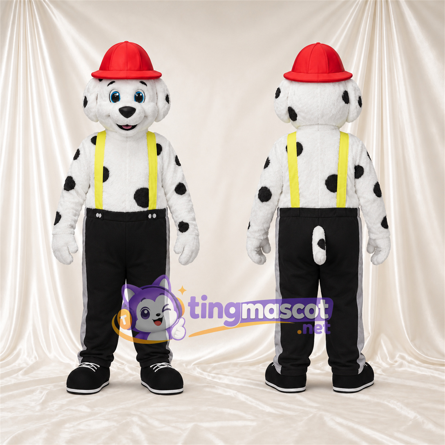 Costume de mascotte Dalmatien – noir / blanc – Casque; Bretelles (jaune) Costume de mascotte Dalmatien – noir / blanc – Casque; Bretelles (jaune)