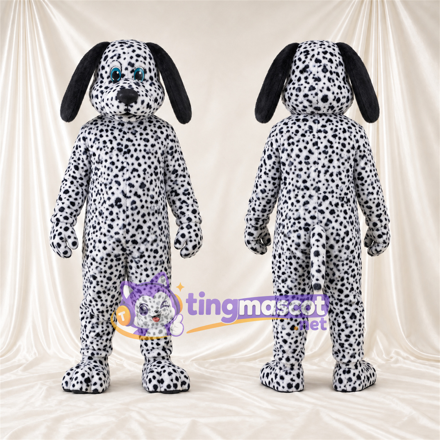 Maskottchenkostüm Dalmatiner – schwarz / weiß – Augen (blau); Dichte kleine Flecken Maskottchenkostüm Dalmatiner – schwarz / weiß – Augen (blau); Dichte kleine Flecken