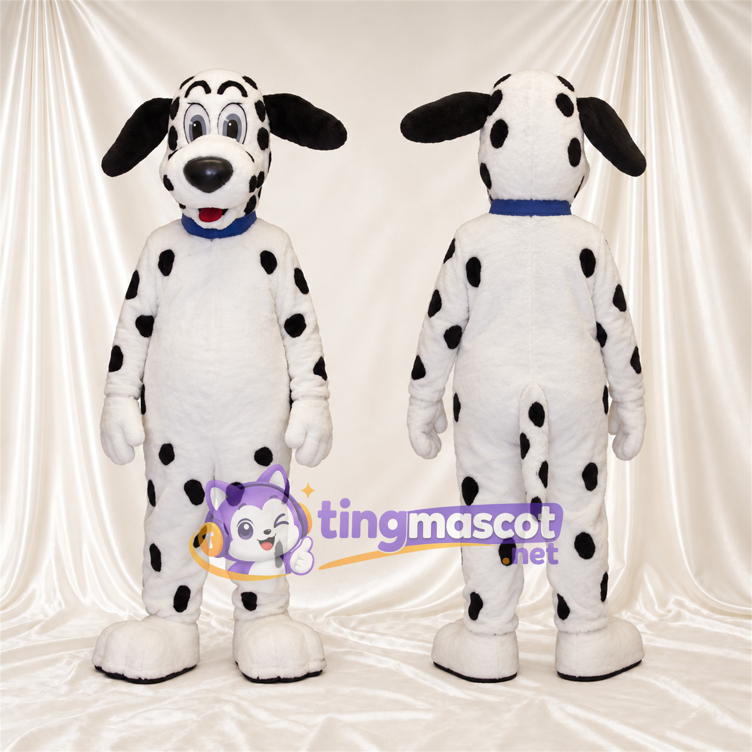 Maskottchenkostüm Dalmatiner – schwarz / weiß – Kragen (blau); Flecken (schwarz) Maskottchenkostüm Dalmatiner – schwarz / weiß – Kragen (blau); Flecken (schwarz)