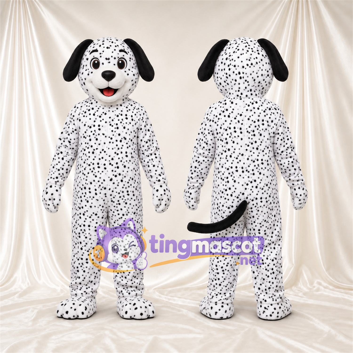 Costume de mascotte Dalmatien – noir / blanc – Longue queue; Petites taches serrées Costume de mascotte Dalmatien – noir / blanc – Longue queue; Petites taches serrées