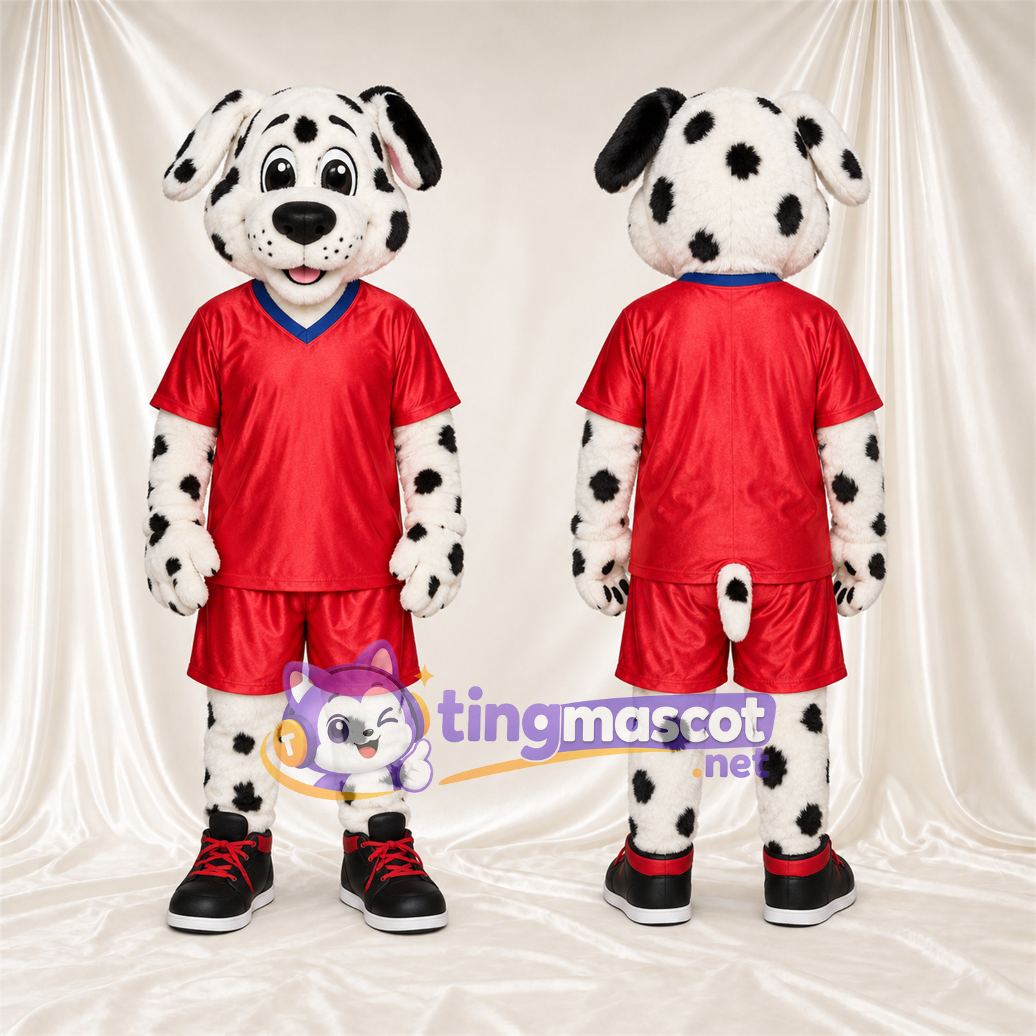 Black and White Dalmatian Mascot Costume - Red Sports Uniform, Blue Collar and Red Sneakers Black and White Dalmatian Mascot Costume - Red Sports Uniform, Blue Collar and Red Sneakers