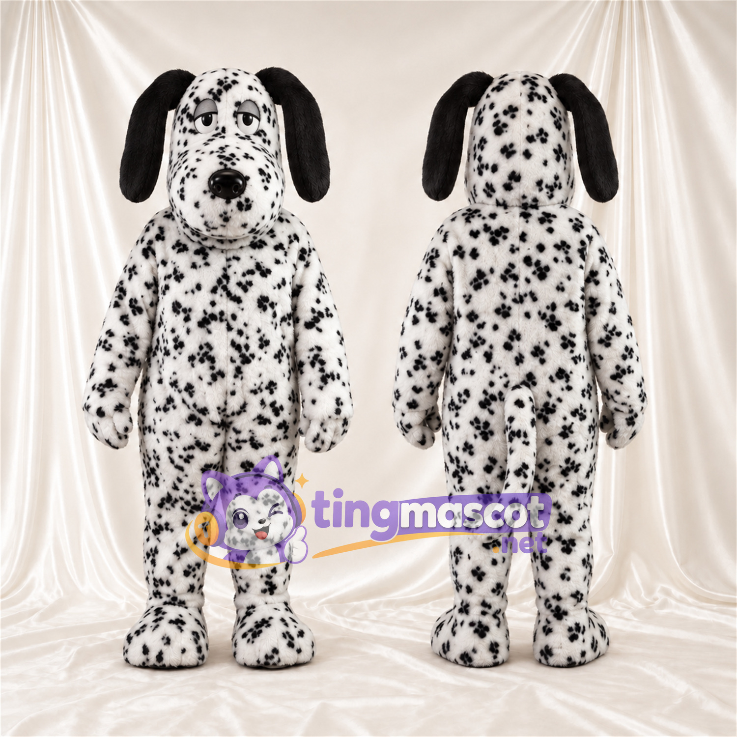 Maskottchenkostüm Dalmatiner – schwarz / weiß – Schlappohren (schwarz); Dichte kleine Flecken Maskottchenkostüm Dalmatiner – schwarz / weiß – Schlappohren (schwarz); Dichte kleine Flecken