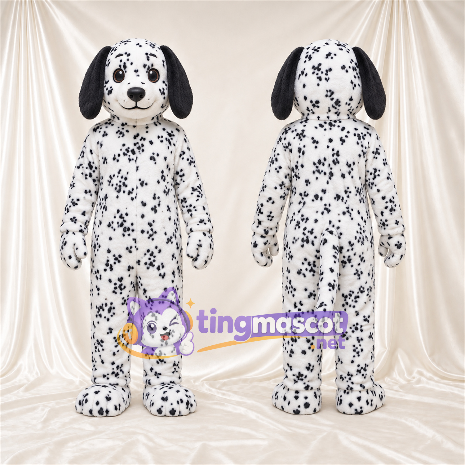 Maskottchenkostüm Dalmatiner – schwarz / weiß – Schlappohren (schwarz); Dichte kleine Flecken Maskottchenkostüm Dalmatiner – schwarz / weiß – Schlappohren (schwarz); Dichte kleine Flecken