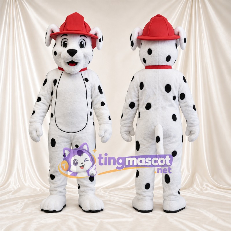 Black and White Dalmatian Mascot Costume - Red Firefighter Helmet, White Belly and Sparse Black Spots