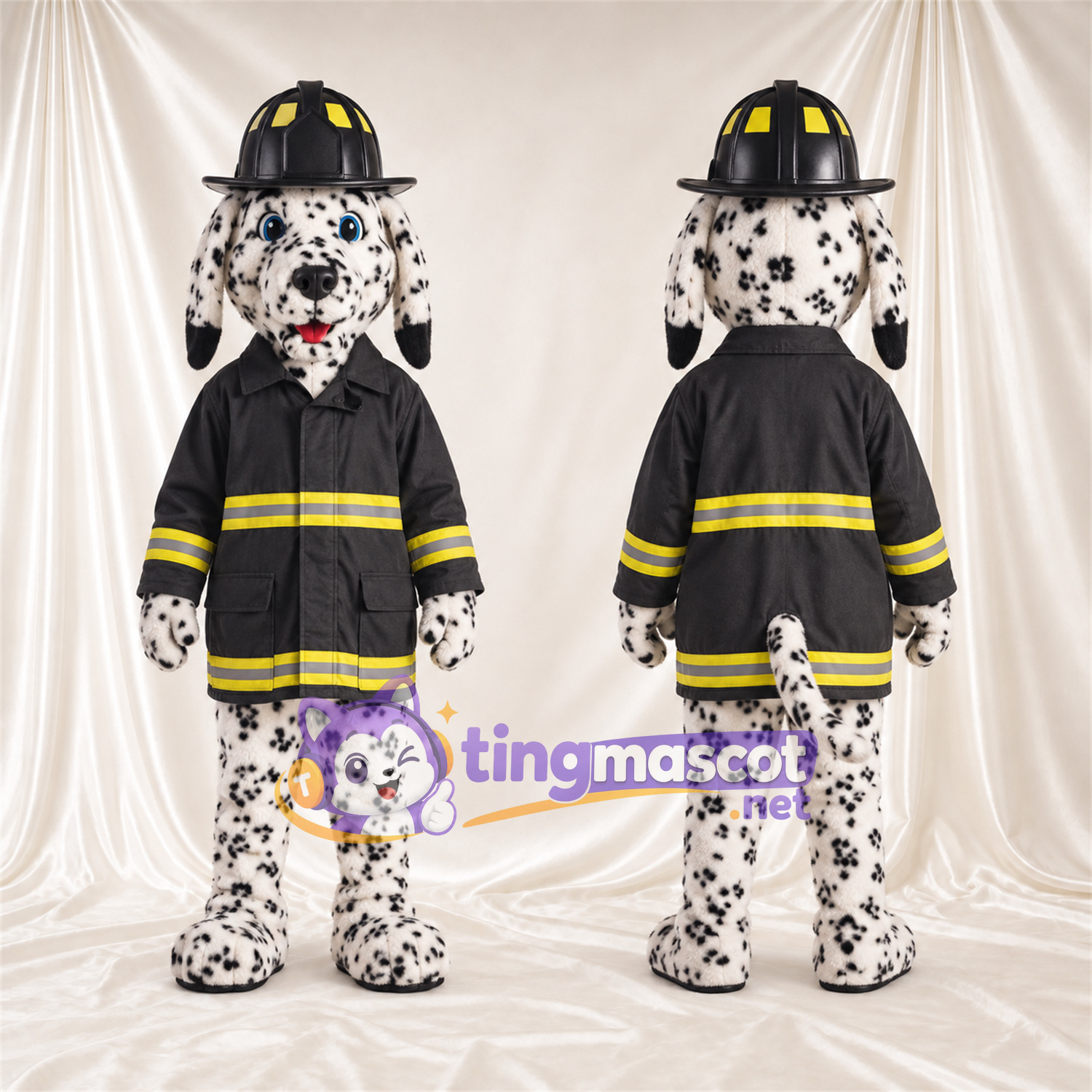 Black and White Dalmatian Mascot Costume - Black Firefighter Jacket and Helmet Black and White Dalmatian Mascot Costume - Black Firefighter Jacket and Helmet