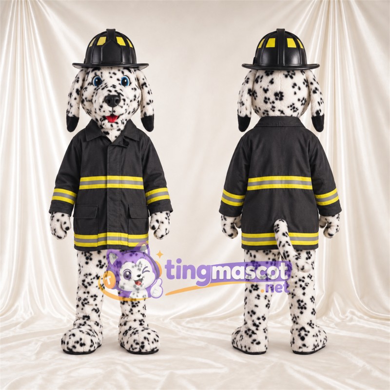 Black and White Dalmatian Mascot Costume - Black Firefighter Jacket and Helmet