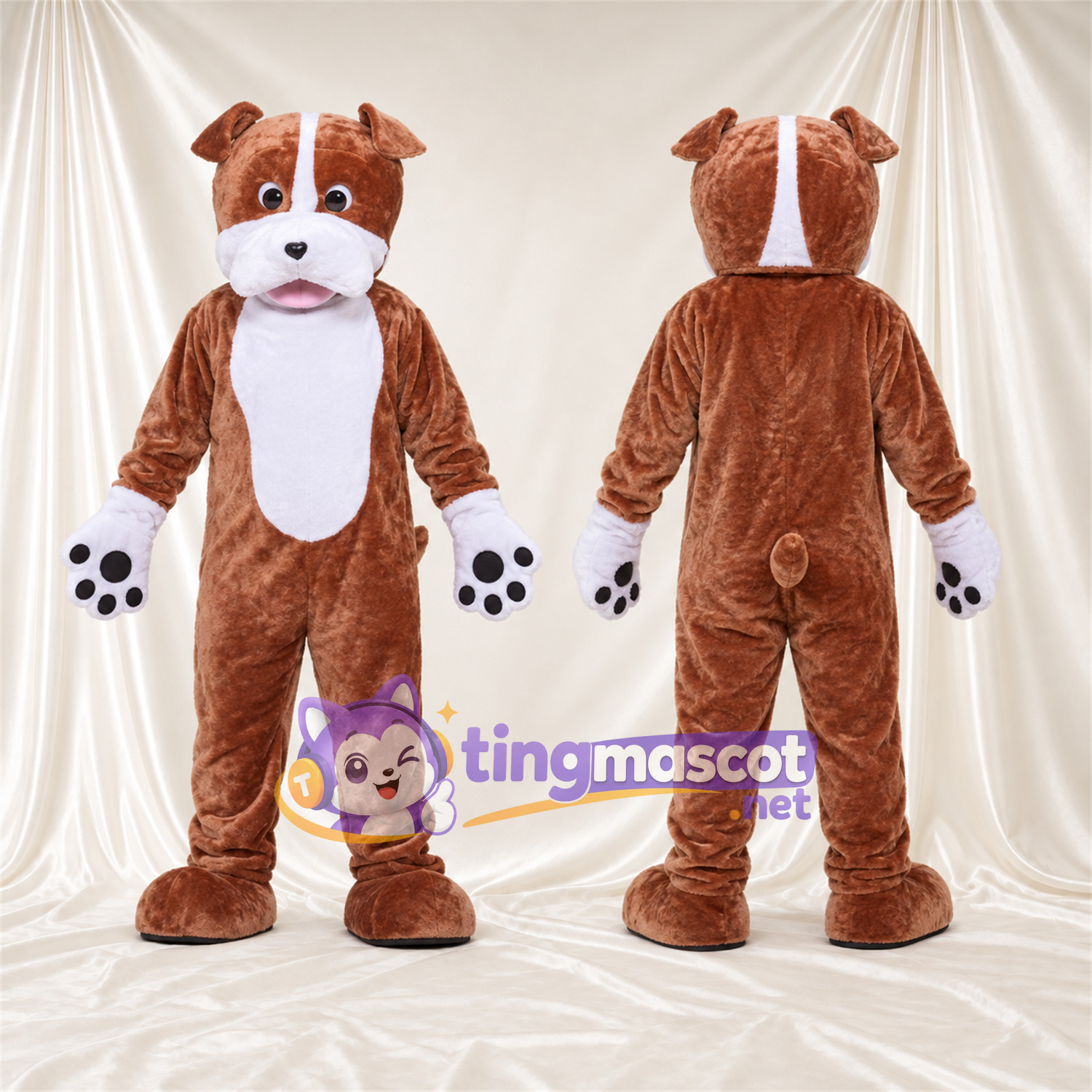 Maskottchenkostüm Hund – braun / weiß – Bauch (weiß); Pfotenballen (schwarz) Maskottchenkostüm Hund – braun / weiß – Bauch (weiß); Pfotenballen (schwarz)