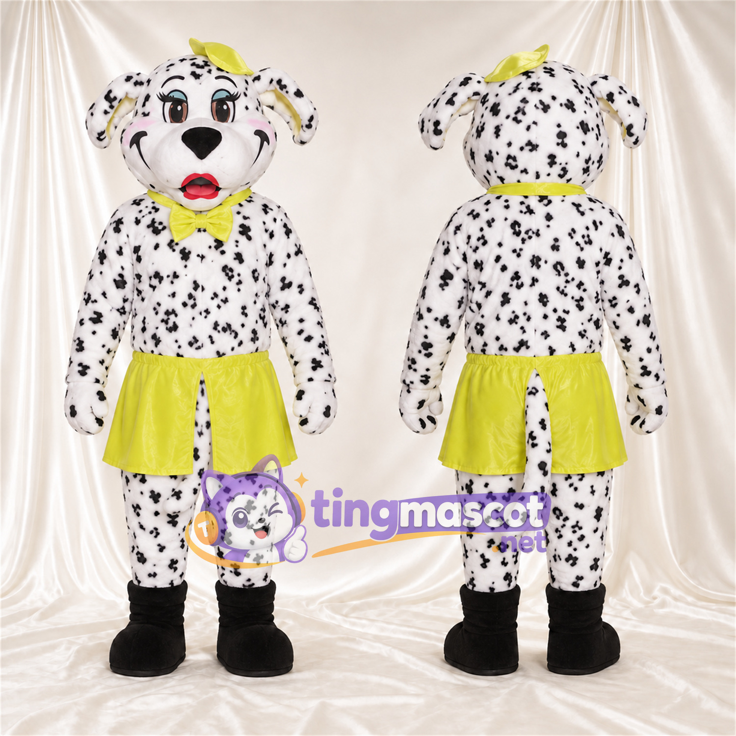 Costume de mascotte Dalmatien – noir / blanc – Jupe (jaune); Nœud