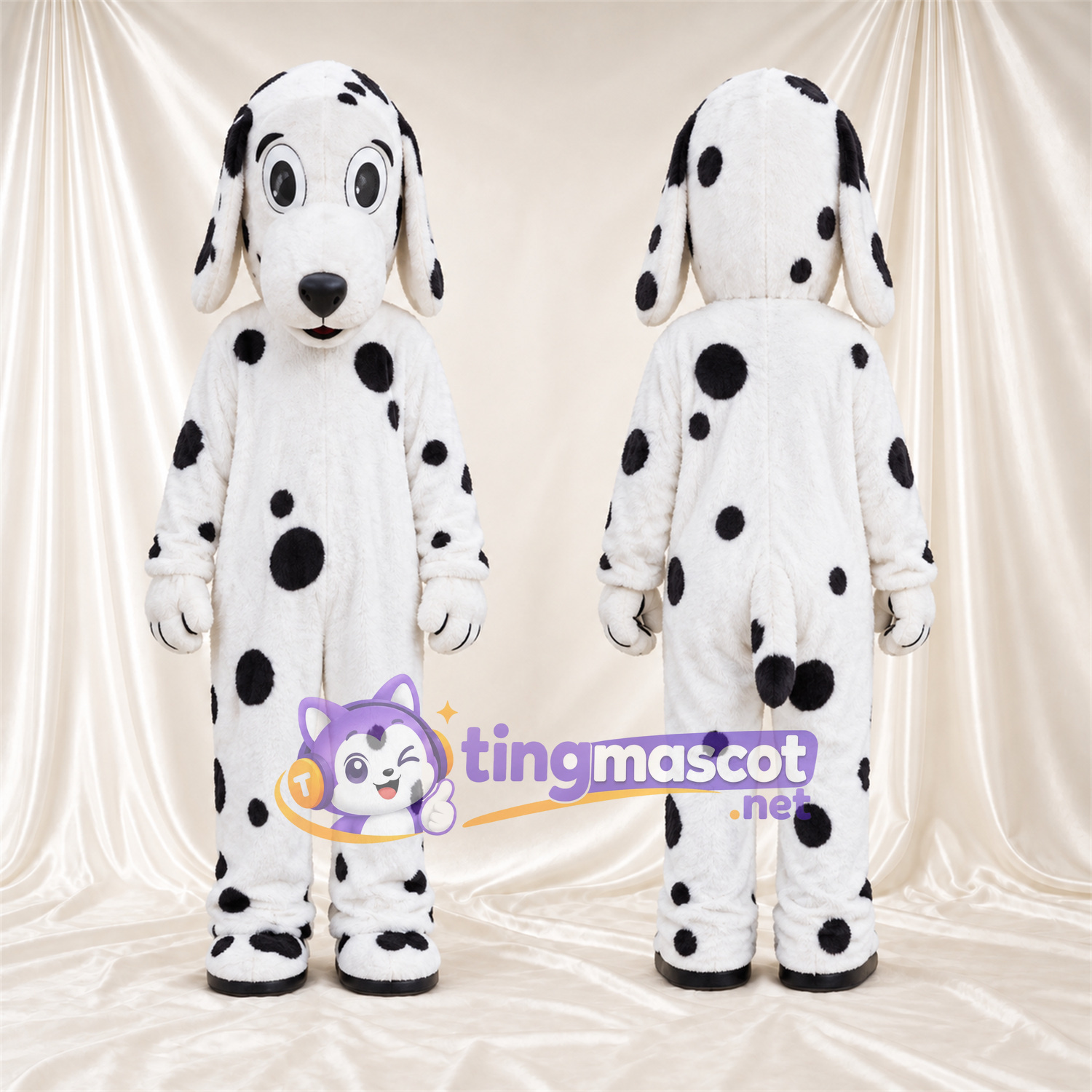 Costume de mascotte Dalmatien – noir / blanc – Longues oreilles; Taches (noir) Costume de mascotte Dalmatien – noir / blanc – Longues oreilles; Taches (noir)