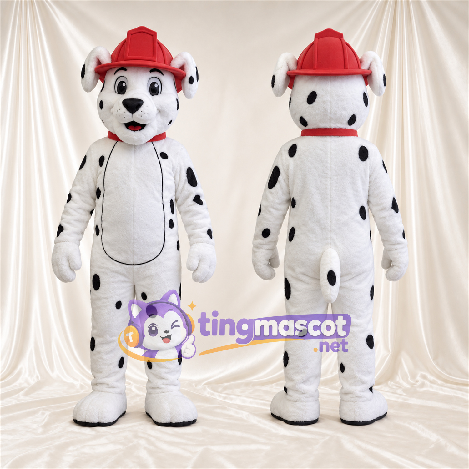 Costume de mascotte Dalmatien – noir / blanc – Casque; Col (rouge) Costume de mascotte Dalmatien – noir / blanc – Casque; Col (rouge)