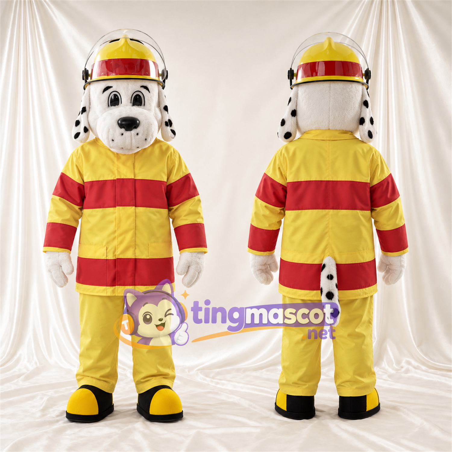 Black and White Dalmatian Mascot Costume - Yellow Firefighter Uniform and Helmet Black and White Dalmatian Mascot Costume - Yellow Firefighter Uniform and Helmet