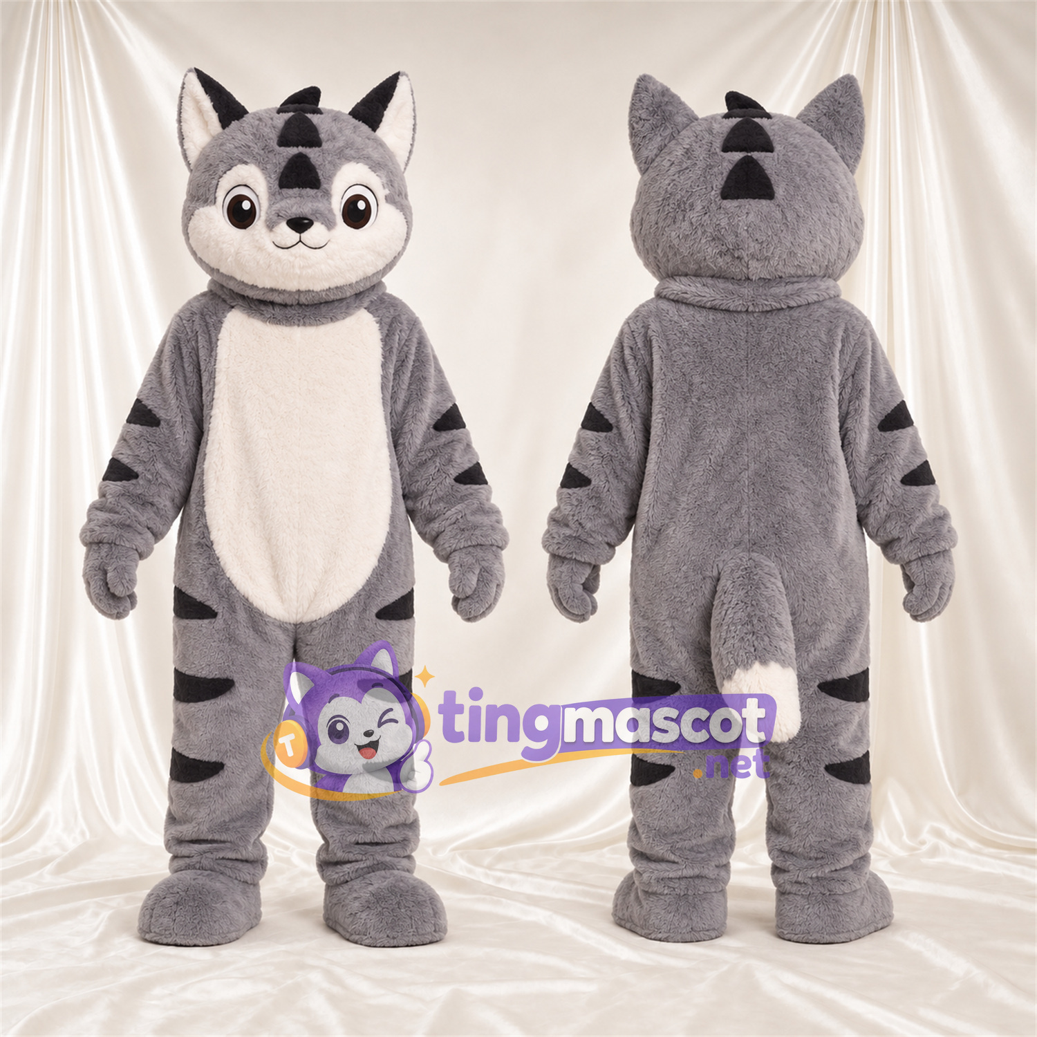 Costume de mascotte Chat – gris – Rayures (noir) Costume de mascotte Chat – gris – Rayures (noir)