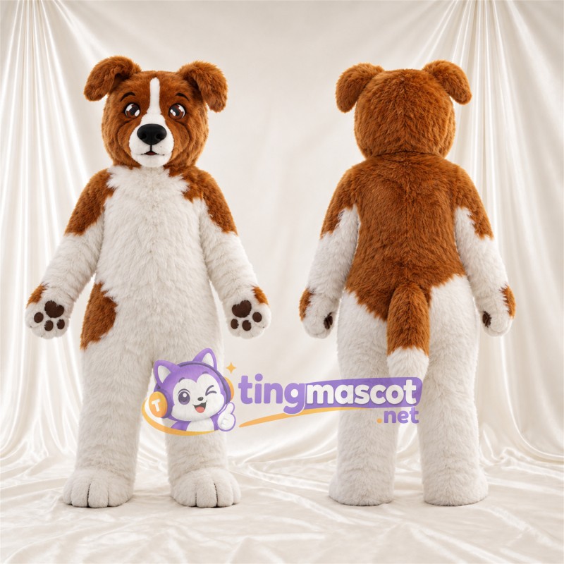Costume de mascotte Chien – marron / blanc – Coussinets (marron); Bas des jambes (blanc)