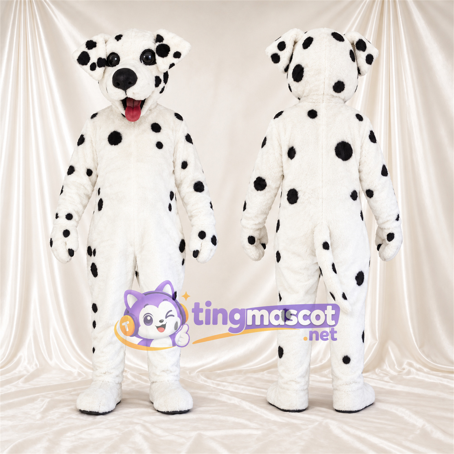 Black and White Dalmatian Mascot Costume - Pink Tongue and Sparse Black Spots Black and White Dalmatian Mascot Costume - Pink Tongue and Sparse Black Spots