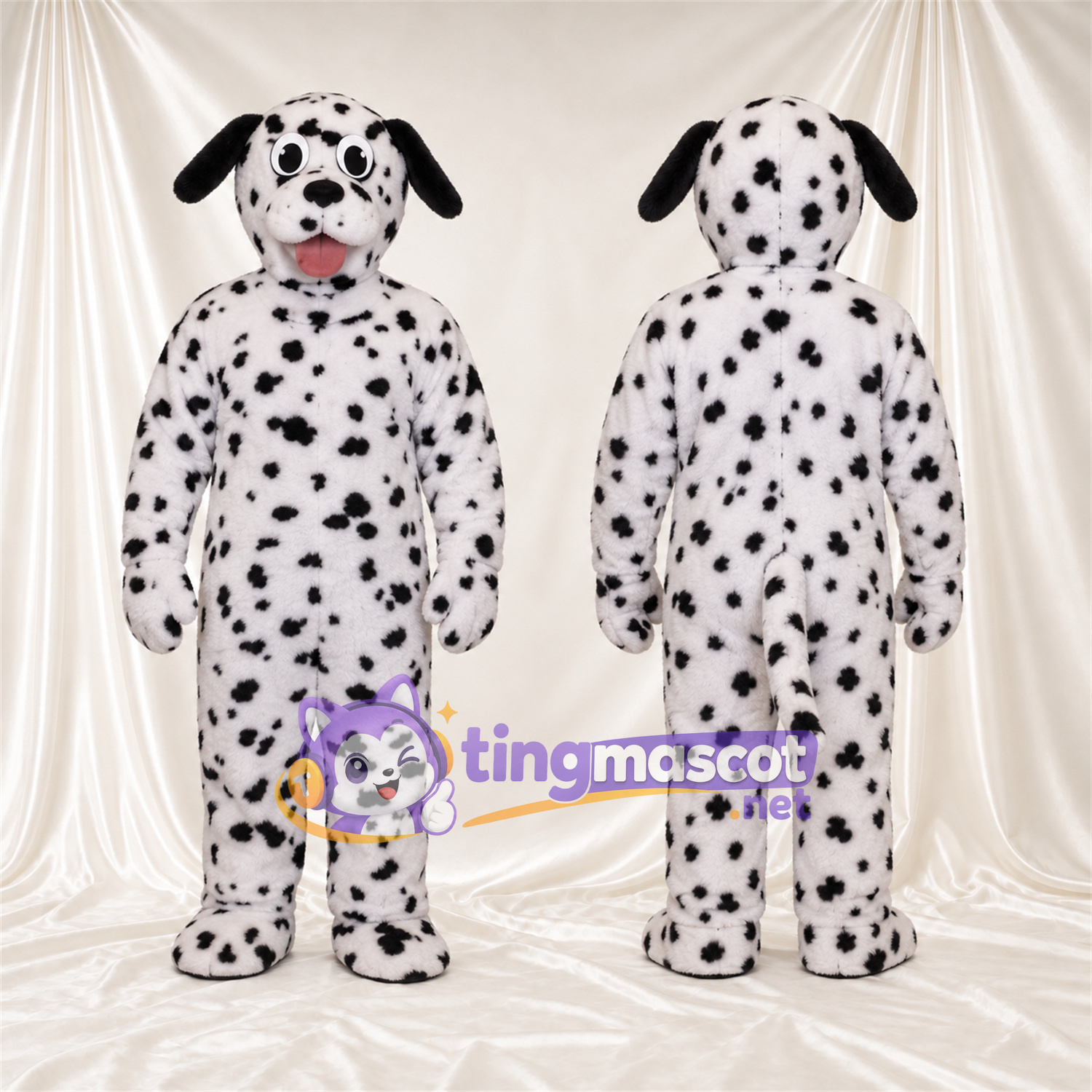 Maskottchenkostüm Dalmatiner – schwarz / weiß – Schlappohren (schwarz); Zunge (rosa) Maskottchenkostüm Dalmatiner – schwarz / weiß – Schlappohren (schwarz); Zunge (rosa)