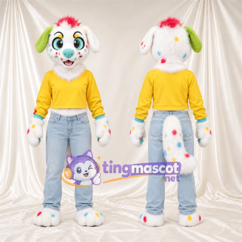 Costume de mascotte Chien – blanc – Taches (multicolore); Chemise (jaune)