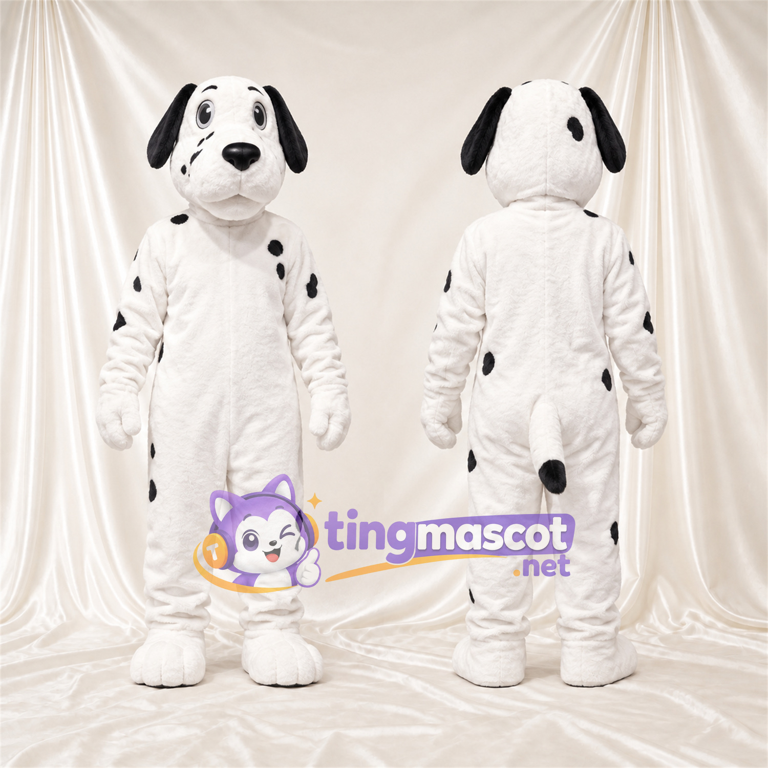 Black and White Dalmatian Mascot Costume - Gray Bow Tie and Sparse Black Spots Black and White Dalmatian Mascot Costume - Gray Bow Tie and Sparse Black Spots