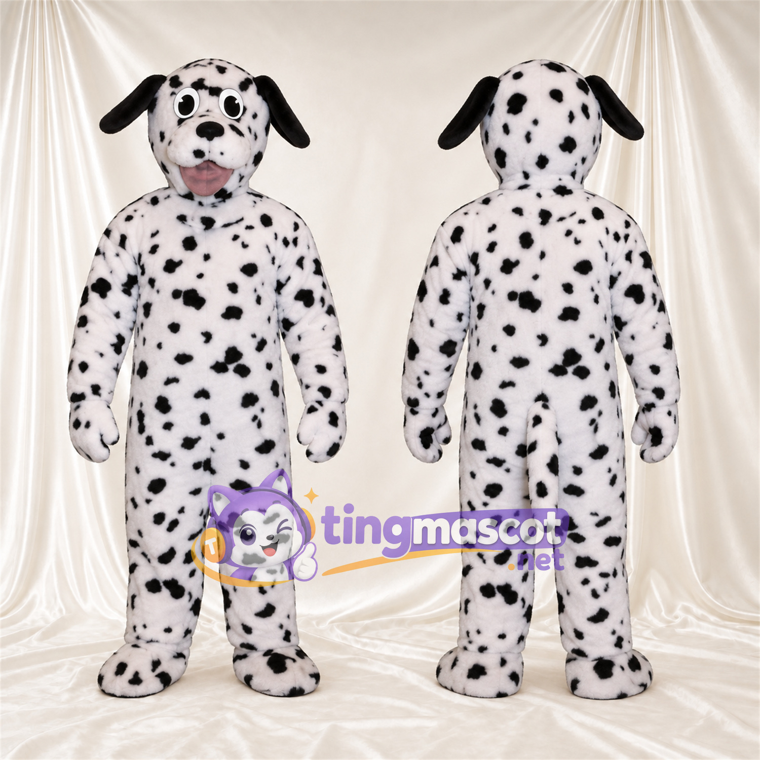 Maskottchenkostüm Dalmatiner – schwarz / weiß – Schlappohren (schwarz); Zunge (rosa) Maskottchenkostüm Dalmatiner – schwarz / weiß – Schlappohren (schwarz); Zunge (rosa)