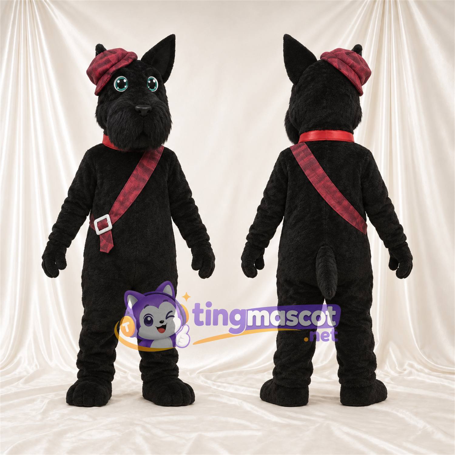 Costume de mascotte Chat – noir – Béret (bordeaux); Sac Costume de mascotte Chat – noir – Béret (bordeaux); Sac