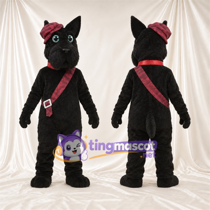 Maskottchenkostüm Katze – schwarz – Baskenmütze (bordeauxrot); Tasche