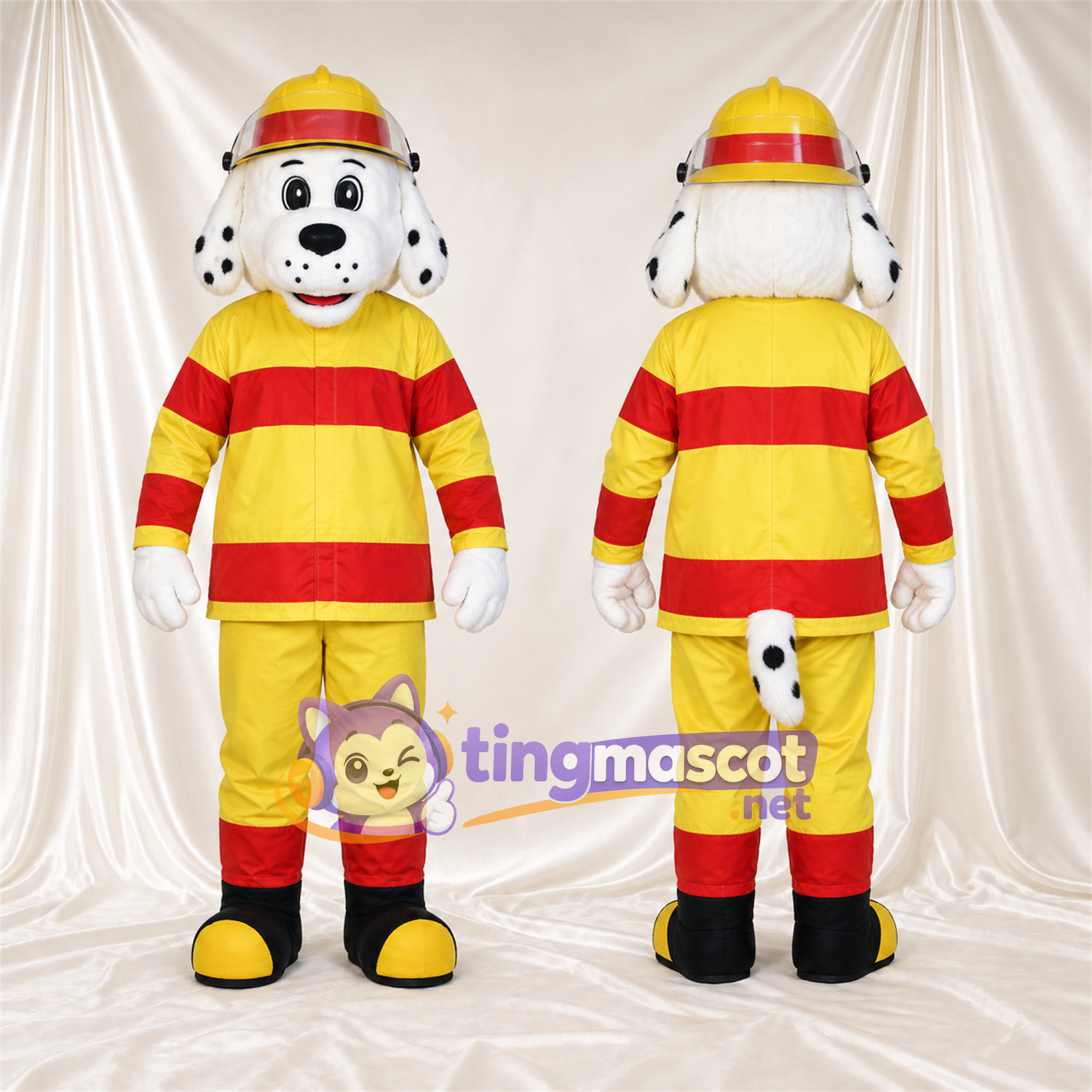 Black and White Dalmatian Mascot Costume - Yellow and Red Firefighter Uniform Black and White Dalmatian Mascot Costume - Yellow and Red Firefighter Uniform