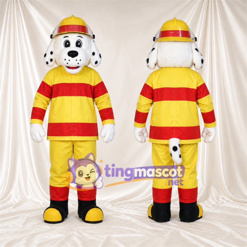 Black and White Dalmatian Mascot Costume - Yellow and Red Firefighter Uniform