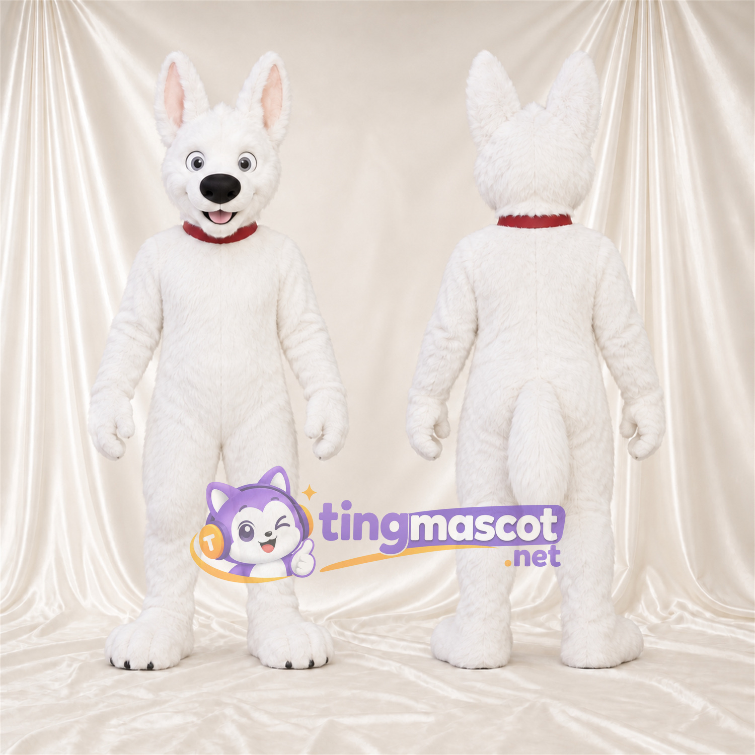 Costume de mascotte Husky – blanc – Griffes (noir); Col (rouge) Costume de mascotte Husky – blanc – Griffes (noir); Col (rouge)
