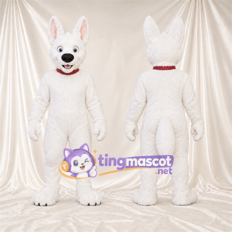 Costume de mascotte Husky – blanc – Griffes (noir); Col (rouge)