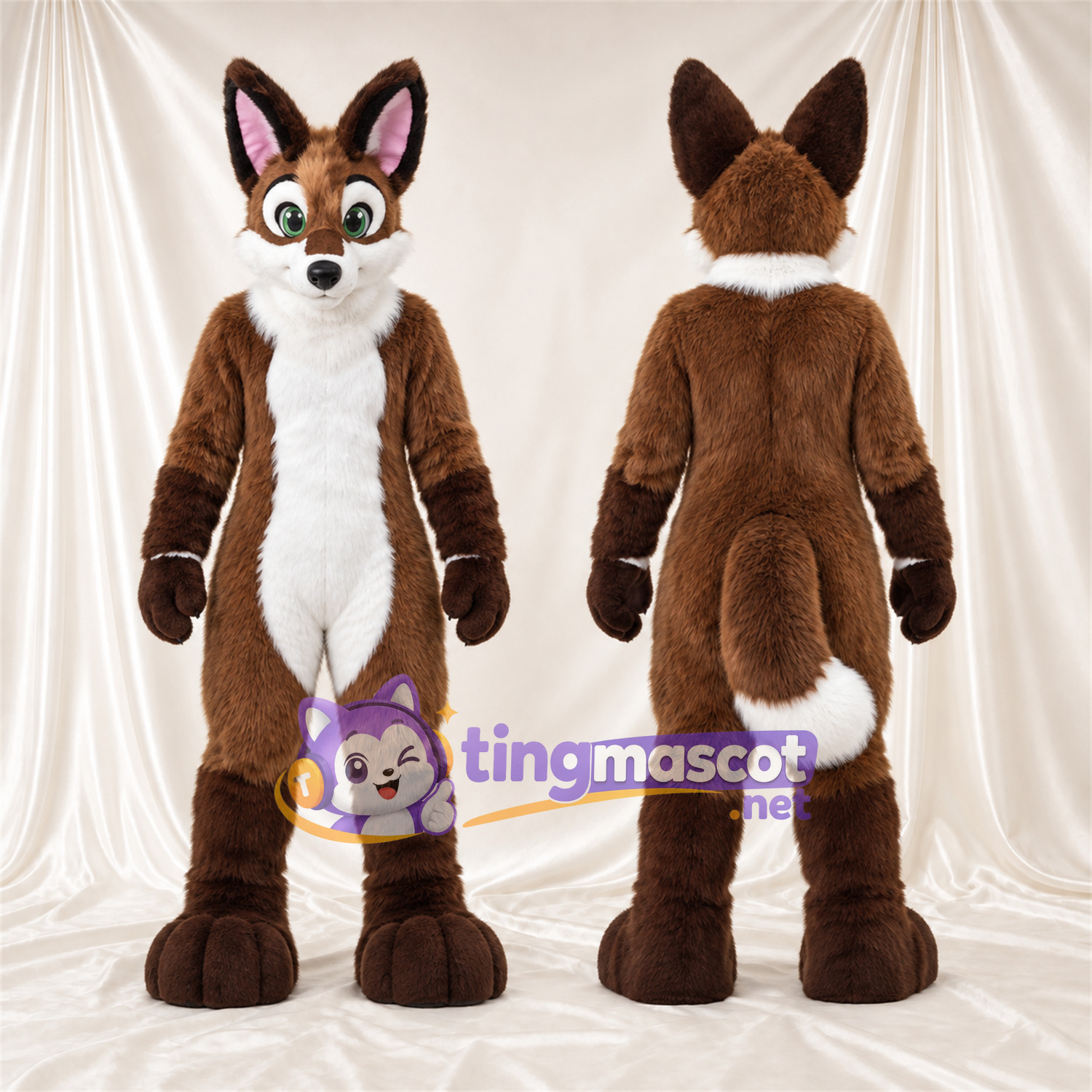 Maskottchenkostüm Fuchs – braun / weiß – Bauch (weiß); Augen (grün)