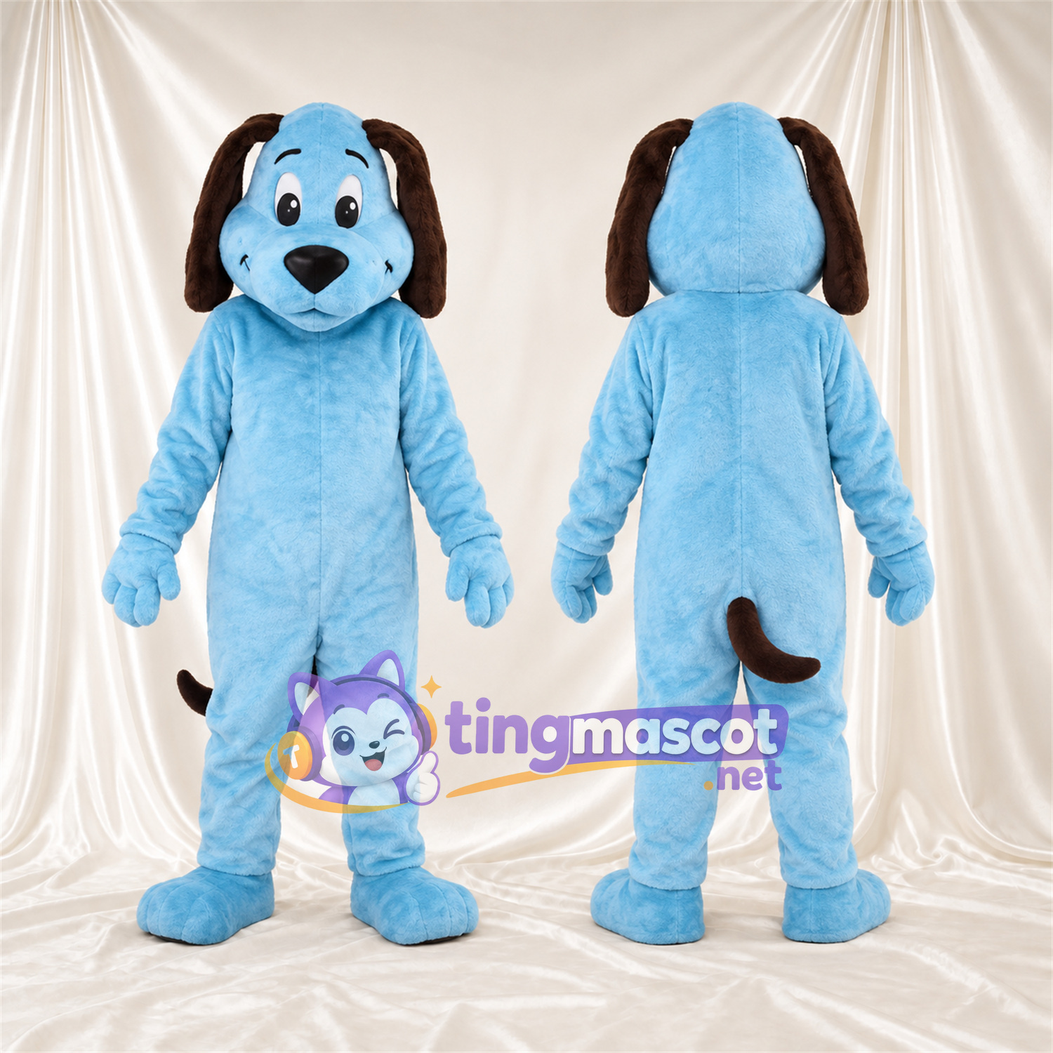 Costume de mascotte Chien – bleu – Oreilles tombantes (marron); Nez (noir) Costume de mascotte Chien – bleu – Oreilles tombantes (marron); Nez (noir)