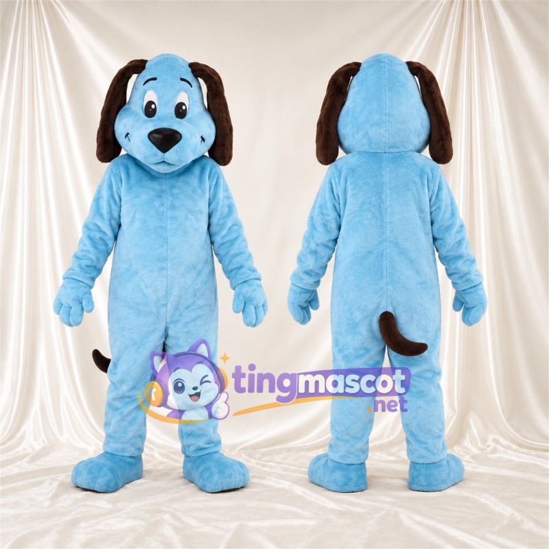 Costume de mascotte Chien – bleu – Oreilles tombantes (marron); Nez (noir)