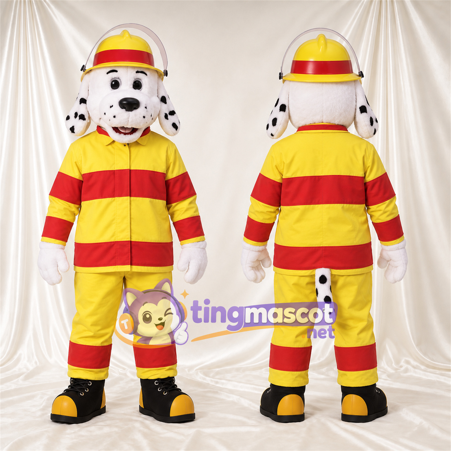Black and White Dalmatian Mascot Costume - Yellow and Red Firefighter Outfit Black and White Dalmatian Mascot Costume - Yellow and Red Firefighter Outfit