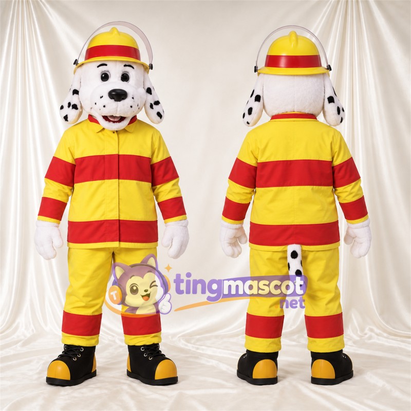 Black and White Dalmatian Mascot Costume - Yellow and Red Firefighter Outfit