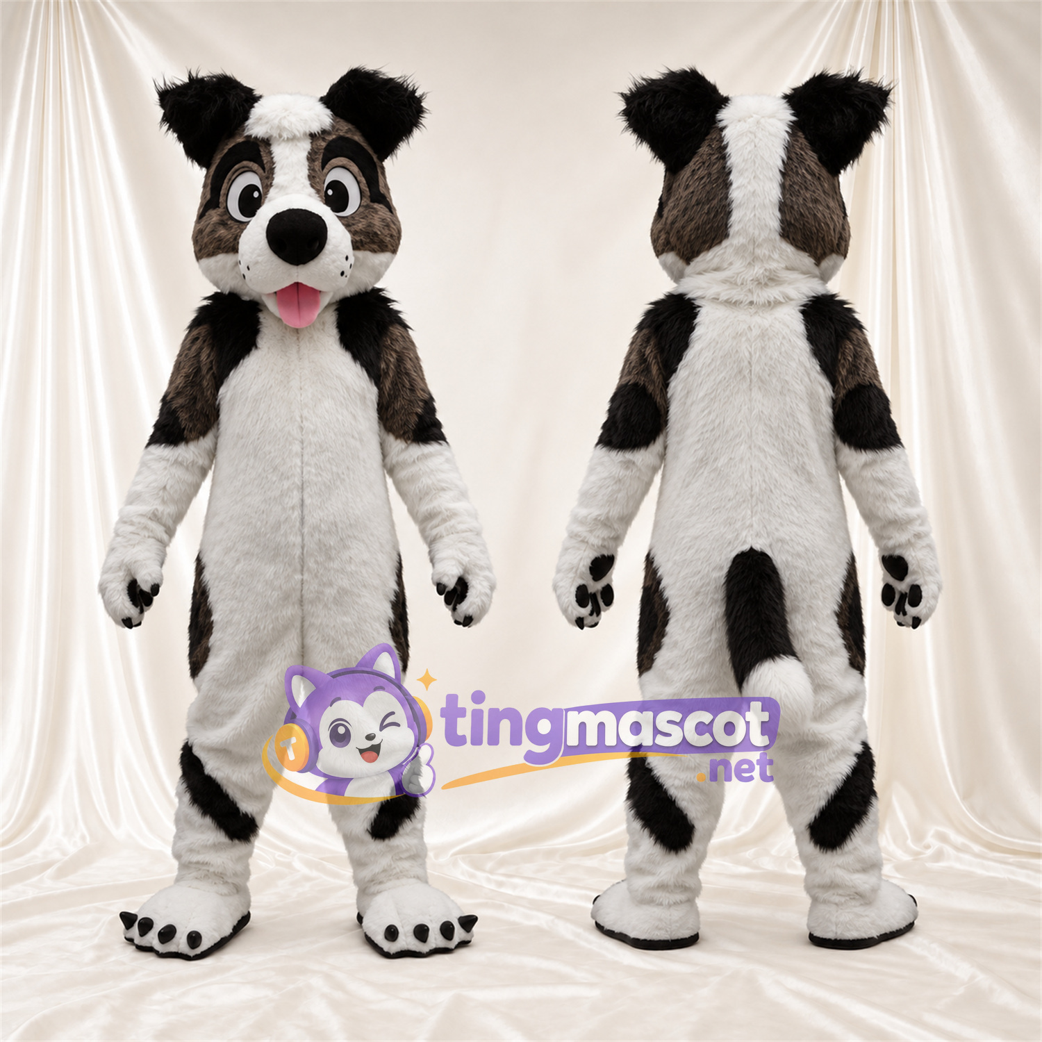 Costume de mascotte Chien – noir / blanc – Coussinets (noir); Langue (rose) Costume de mascotte Chien – noir / blanc – Coussinets (noir); Langue (rose)