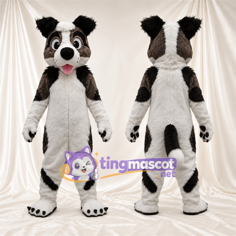 Costume de mascotte Chien – noir / blanc – Coussinets (noir); Langue (rose)