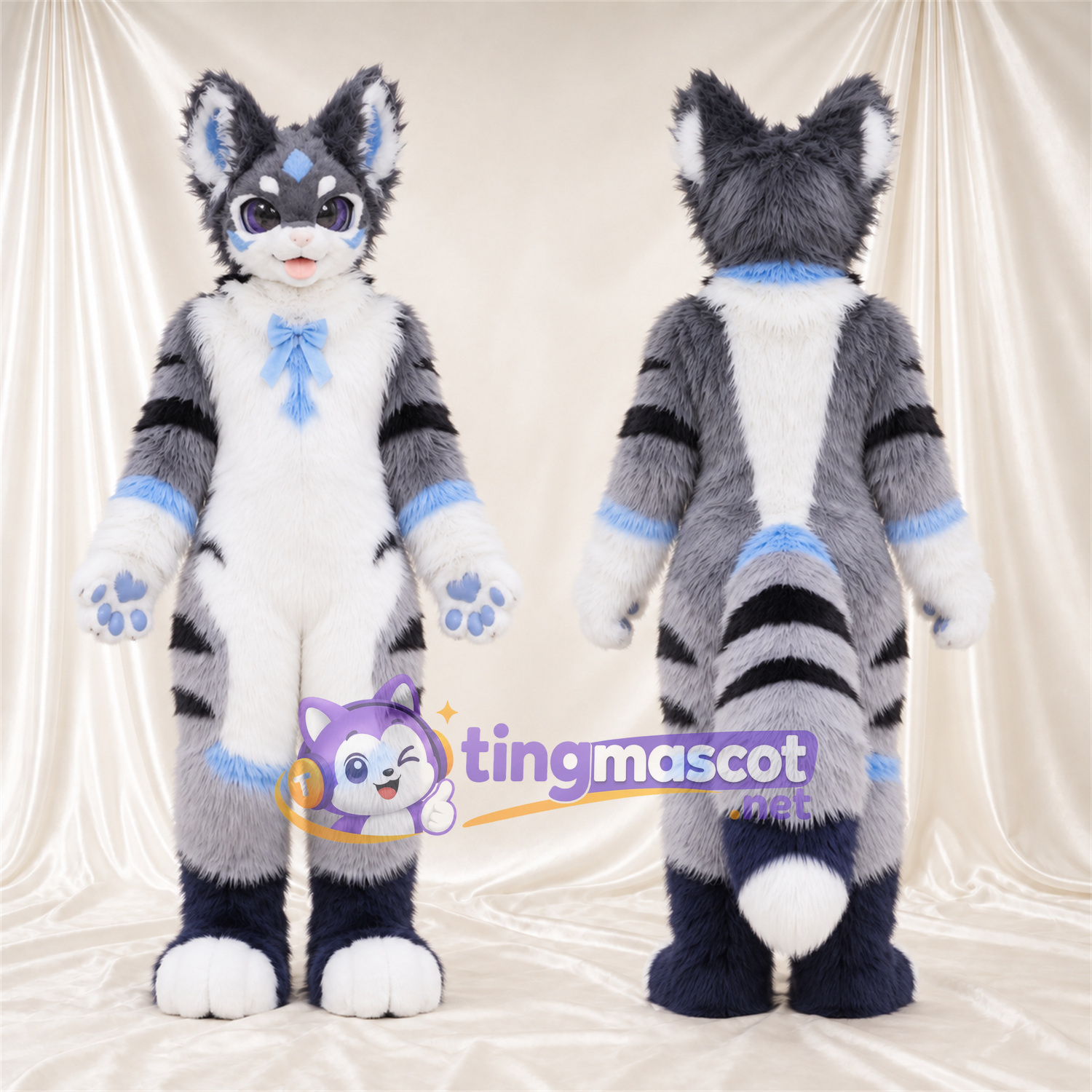 Costume de mascotte Husky – gris / blanc – Rayures (noir); Nœud (bleu) Costume de mascotte Husky – gris / blanc – Rayures (noir); Nœud (bleu)
