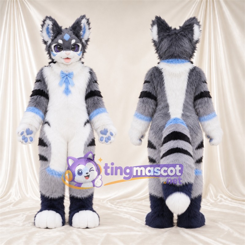 Costume de mascotte Husky – gris / blanc – Rayures (noir); Nœud (bleu)