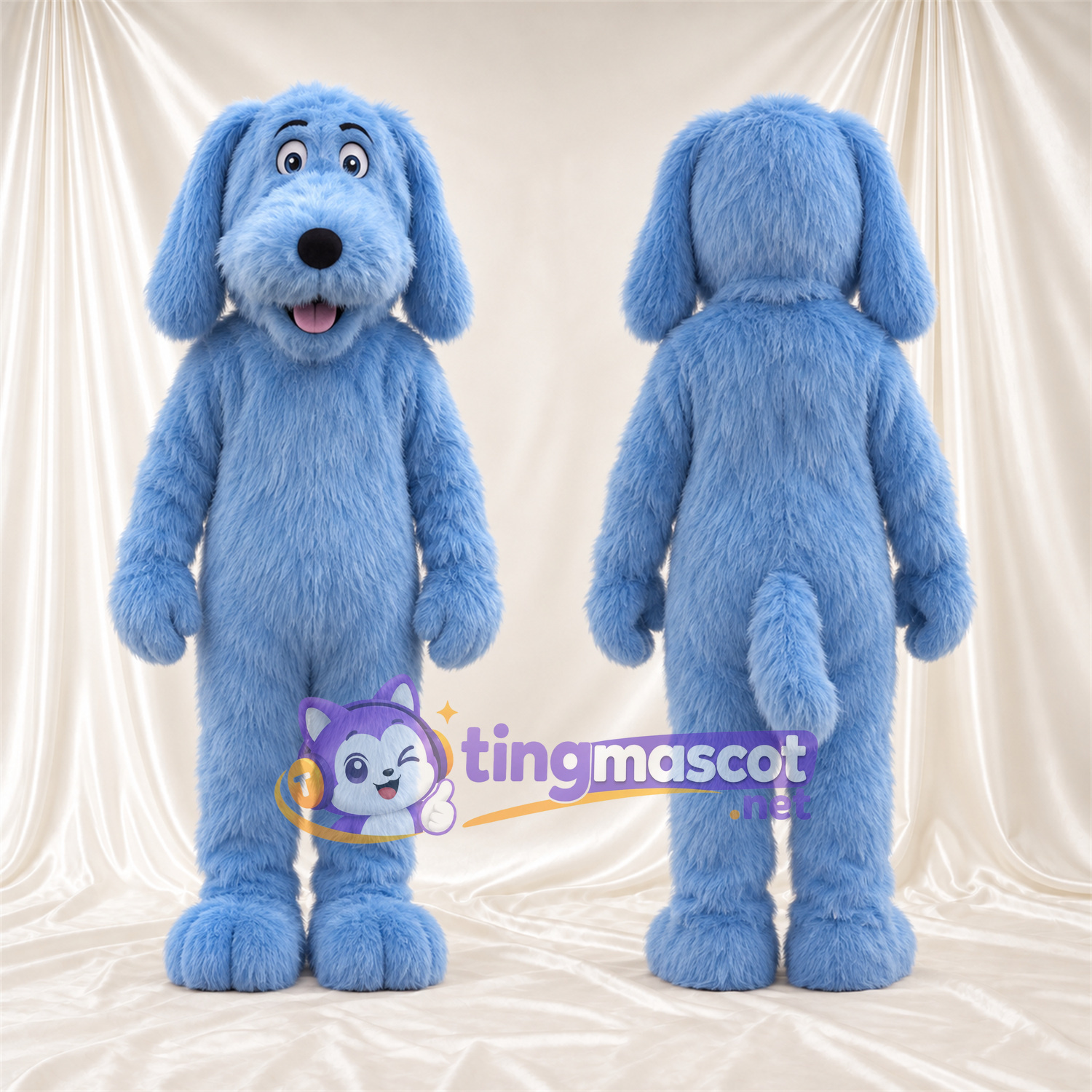 Costume de mascotte Chien – bleu – Langue (rose); Fourrure hirsute Costume de mascotte Chien – bleu – Langue (rose); Fourrure hirsute