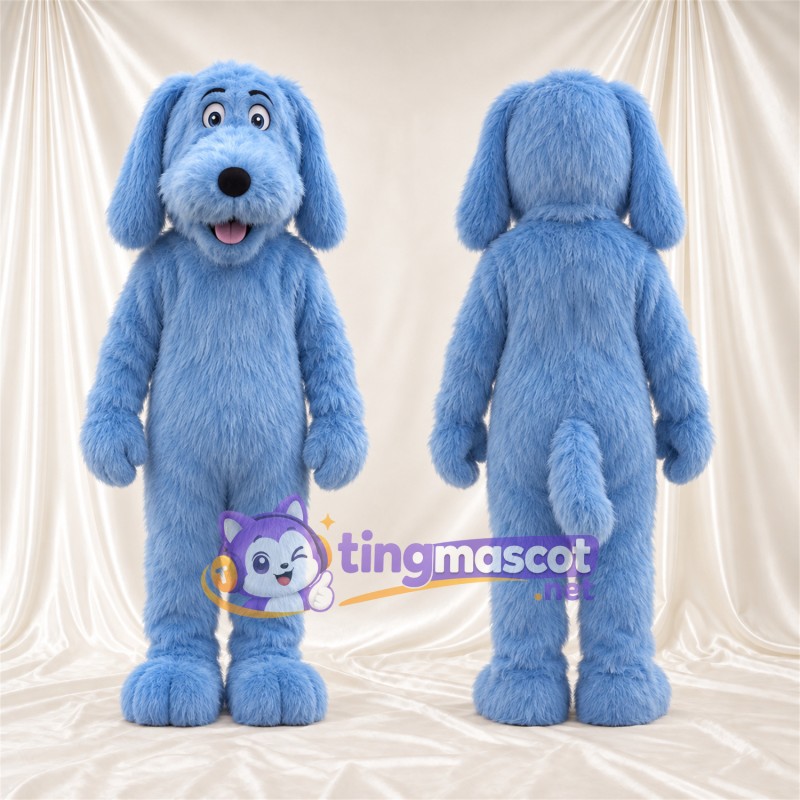 Costume de mascotte Chien – bleu – Langue (rose); Fourrure hirsute