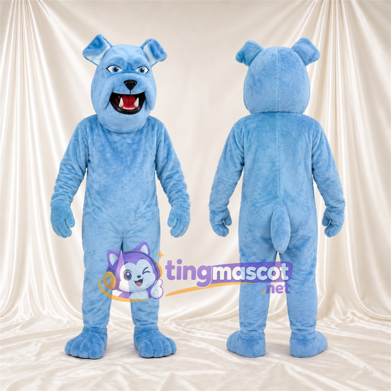 Blue Bulldog Mascot Costume - Pink Tongue and Pointed Fangs Blue Bulldog Mascot Costume - Pink Tongue and Pointed Fangs