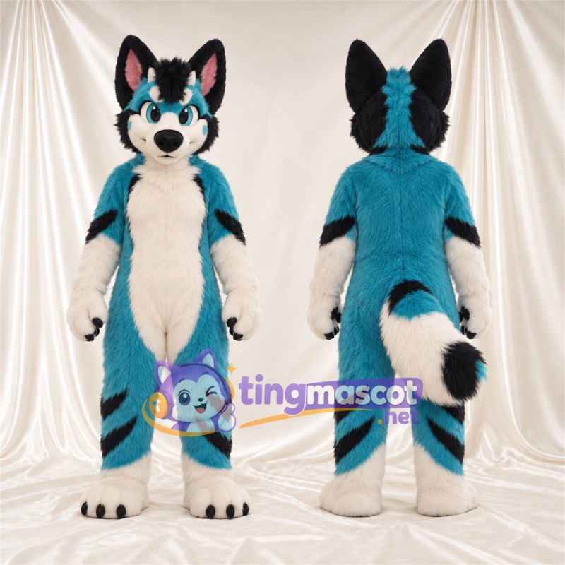 Maskottchenkostüm Husky – blau / weiß – Ringelschwanz; Beine