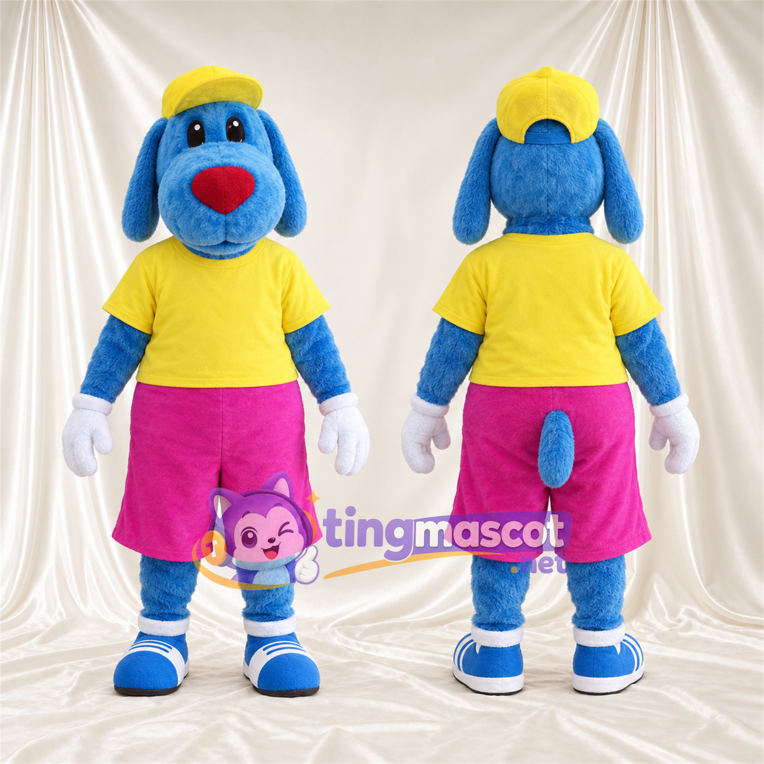 Costume de mascotte Chien – bleu – Chemise (jaune); Short (rose) Costume de mascotte Chien – bleu – Chemise (jaune); Short (rose)