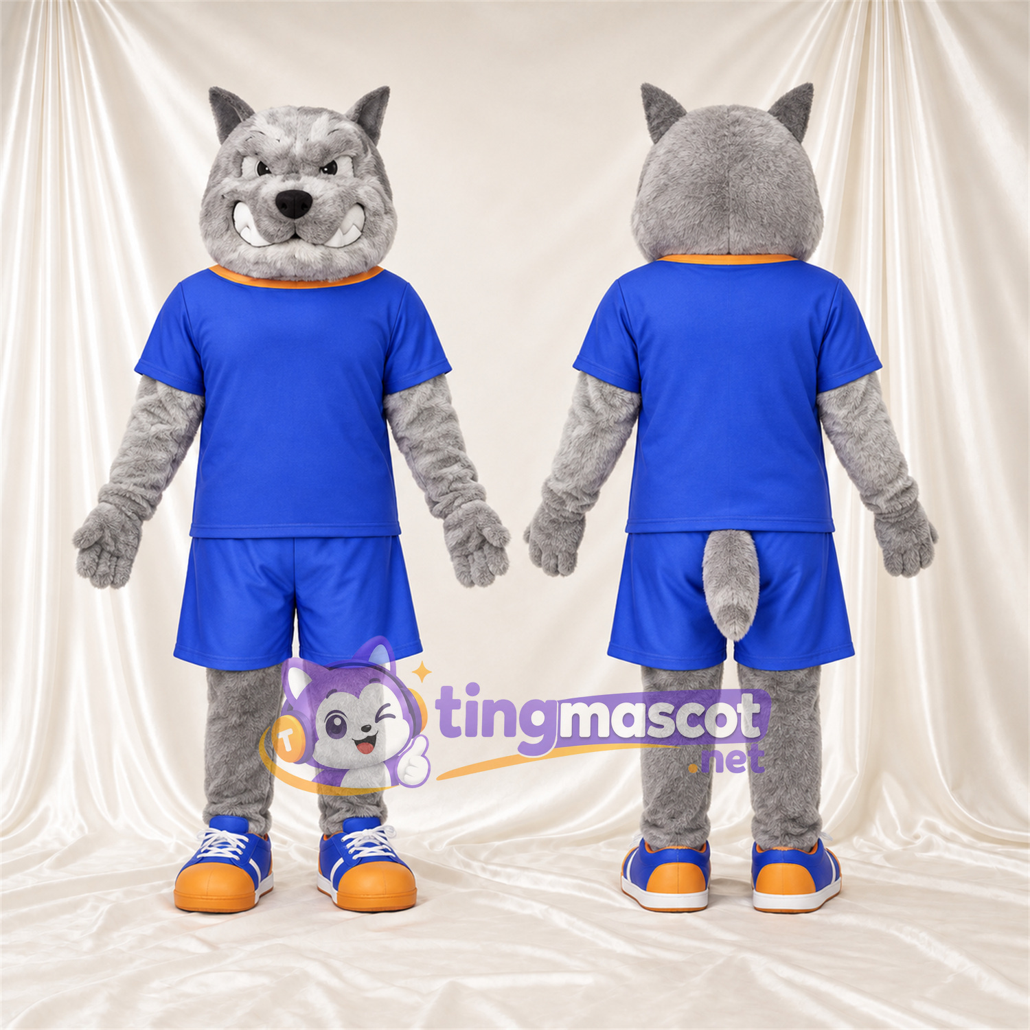 Costume de mascotte Chat sauvage – gris – Tenue de sport (bleu) Costume de mascotte Chat sauvage – gris – Tenue de sport (bleu)