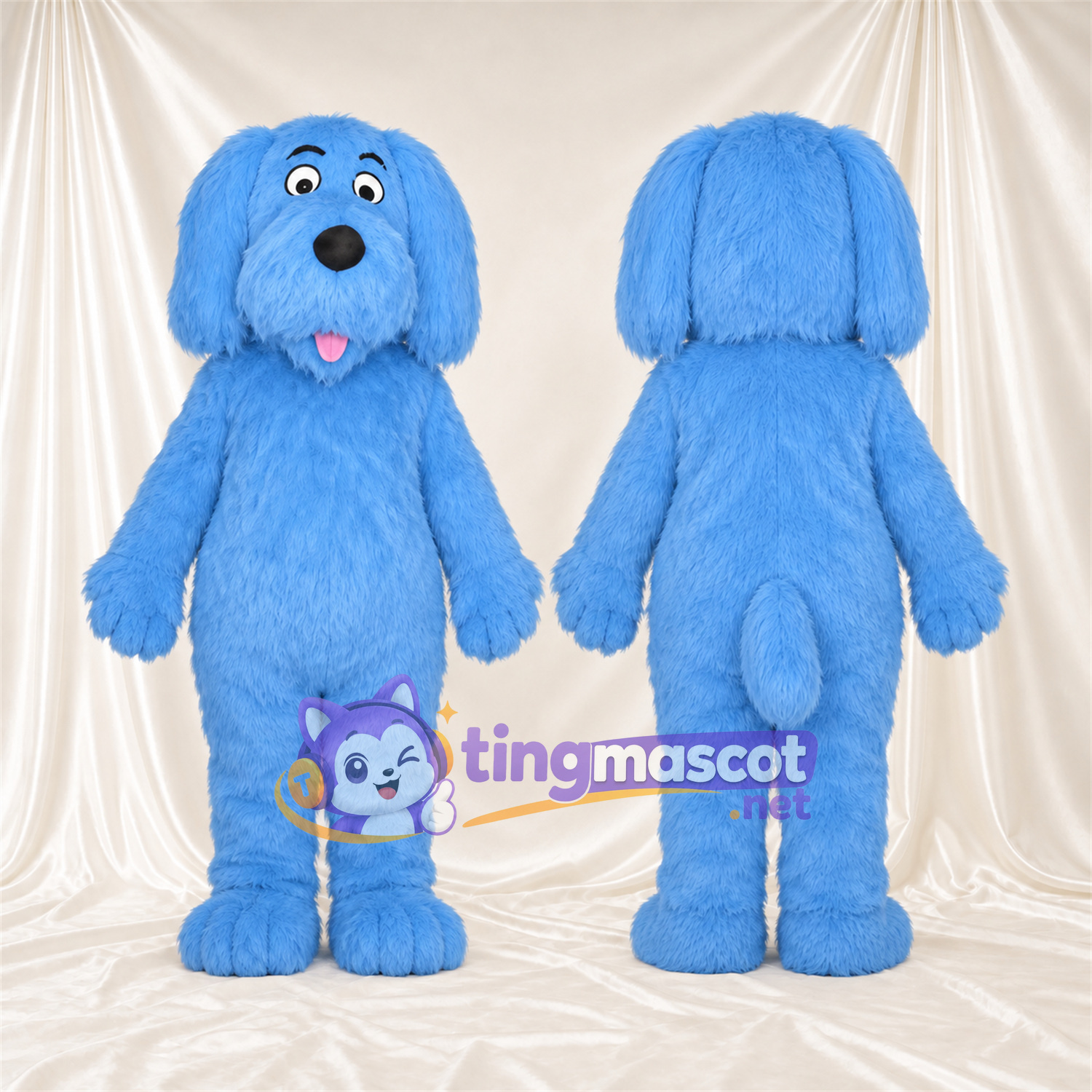Costume de mascotte Chien – bleu – Langue (rose); Fourrure hirsute Costume de mascotte Chien – bleu – Langue (rose); Fourrure hirsute