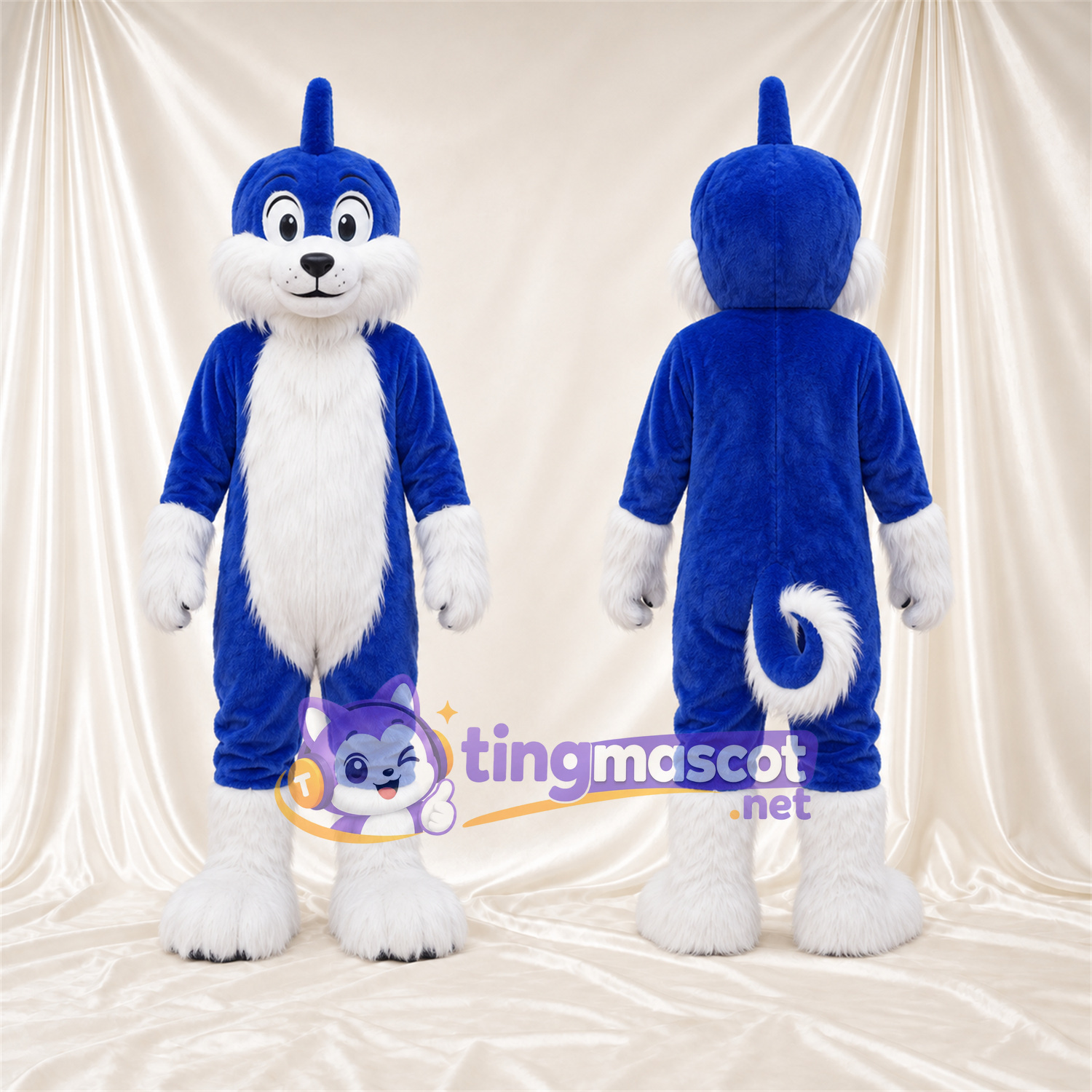 Maskottchenkostüm Hund – blau / weiß – Ringelschwanz; Unterschenkel (weiß) Maskottchenkostüm Hund – blau / weiß – Ringelschwanz; Unterschenkel (weiß)