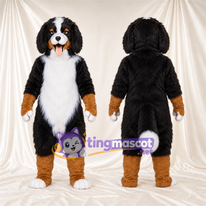 Black, Brown and White Dog Mascot Costume - White Belly and White Tail Tip