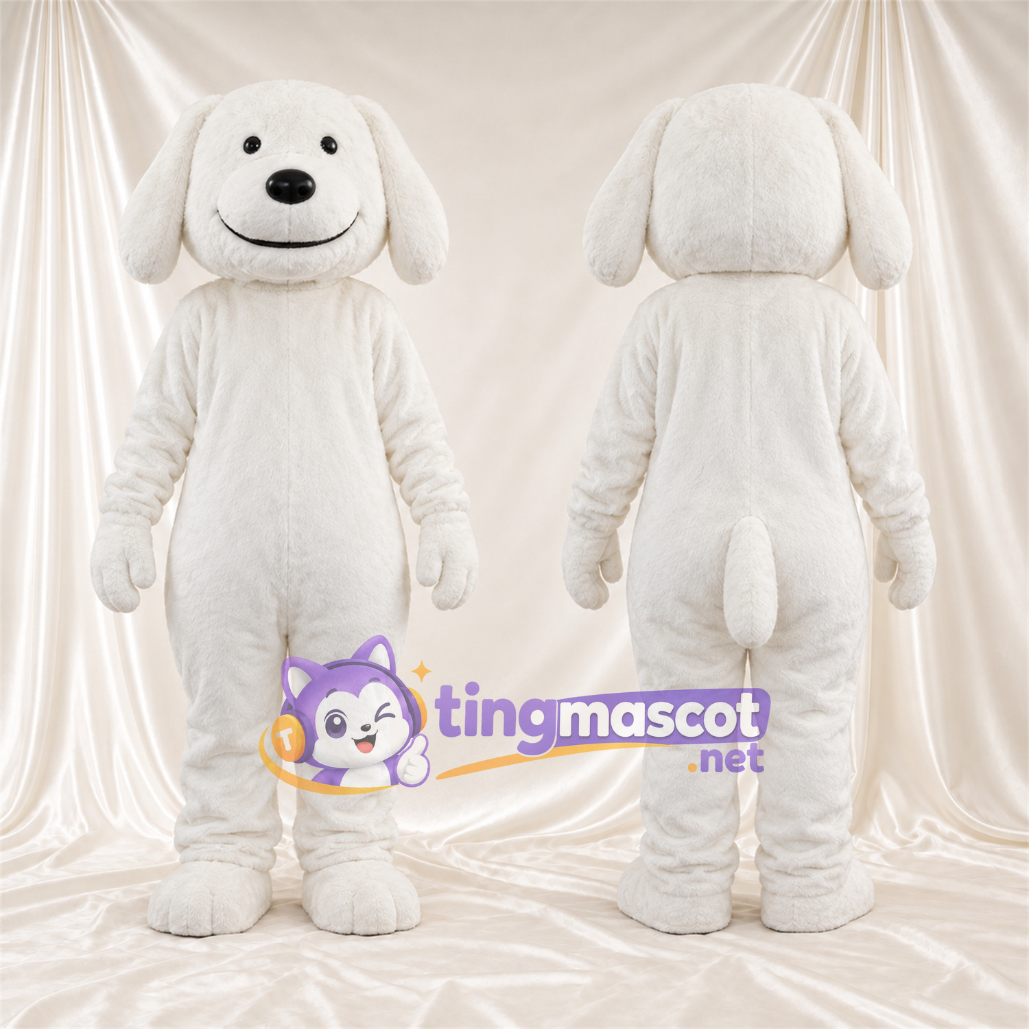 Costume de mascotte Chien – blanc – Oreilles tombantes; Visage souriant Costume de mascotte Chien – blanc – Oreilles tombantes; Visage souriant
