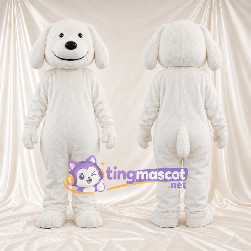 Costume de mascotte Chien – blanc – Oreilles tombantes; Visage souriant