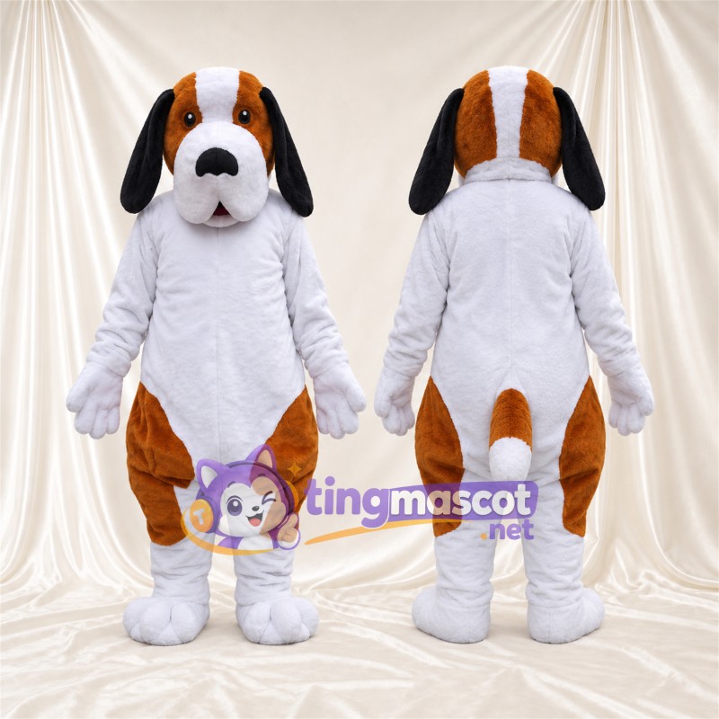 Maskottchenkostüm Hund – braun / weiß – Brust (weiß); Schlappohren (schwarz)